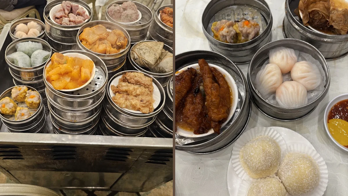 Busy seafood restaurant tables with steaming dishes.
