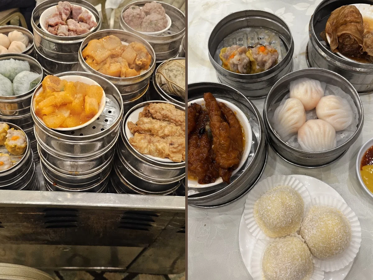 Dim sum plates on a restaurant table.