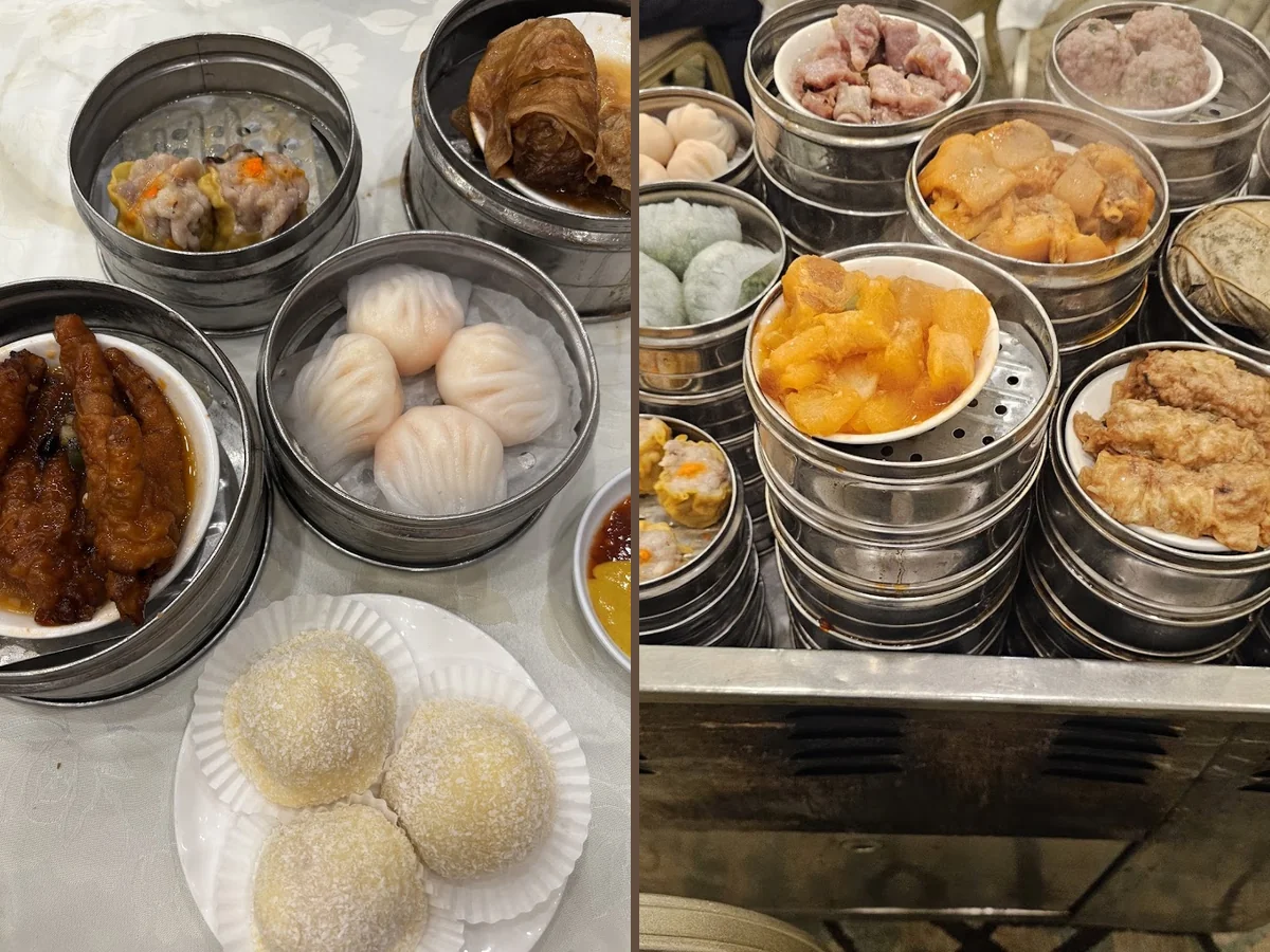 Chinese tea cups beside small shared plates.