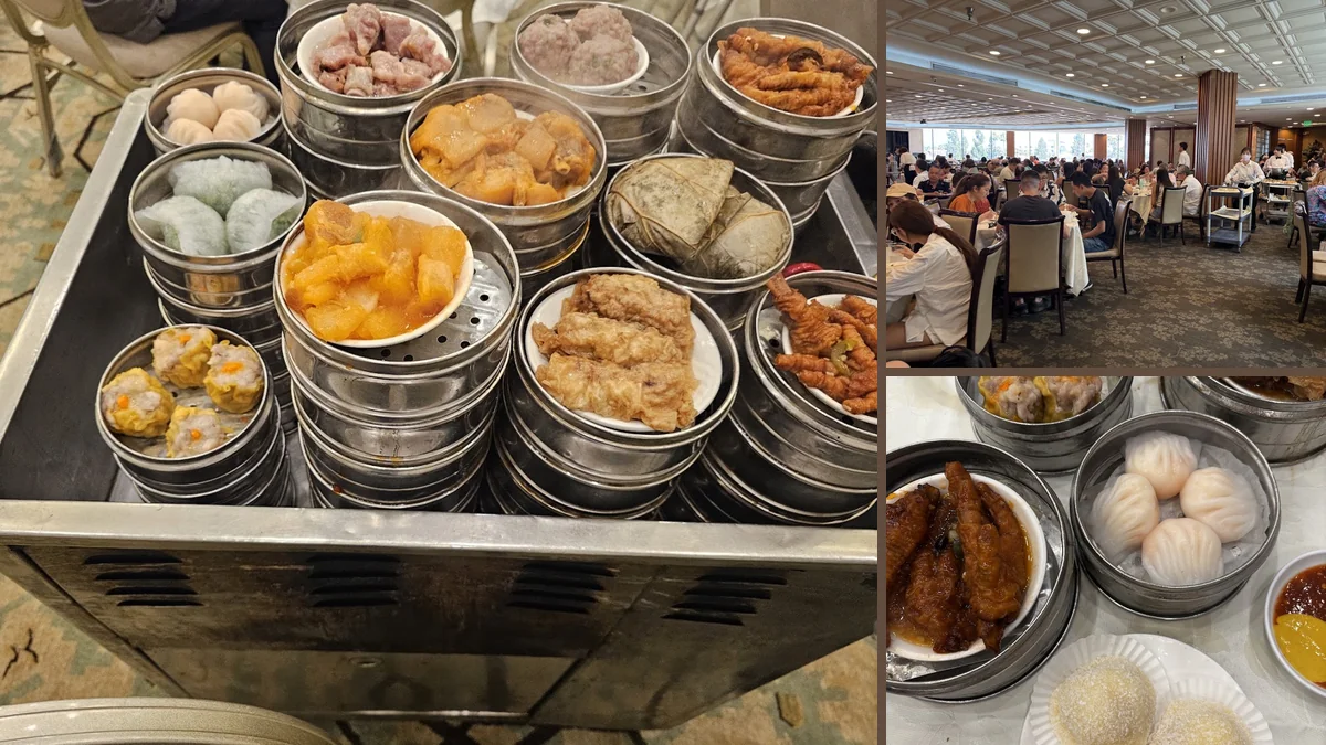 Dim sum plates on a restaurant table.